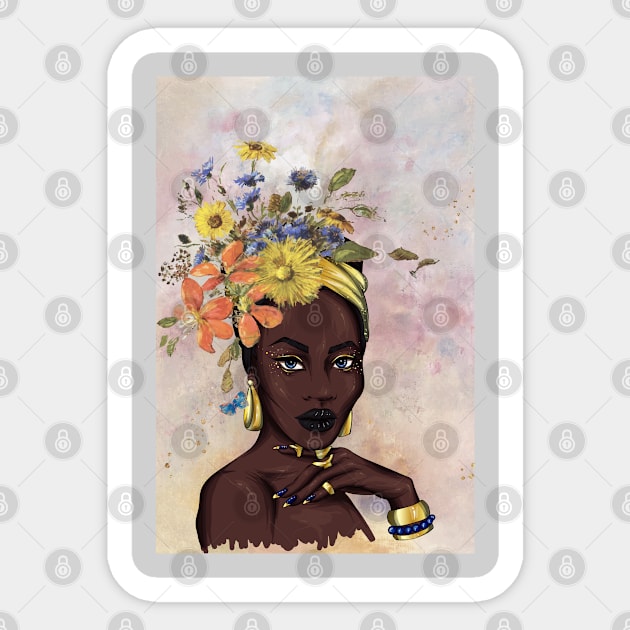 A beautiful black african woman with blooming flowers on head modern art painting female blue eyes Sticker by Modern Art